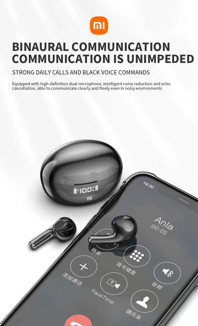Pair of black wireless earbuds with their charging case next to a smartphone displaying audio controls.