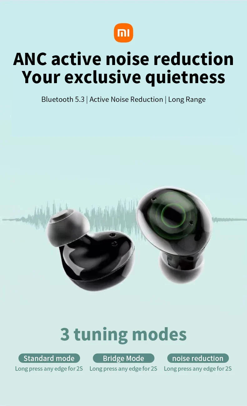 Pair of black wireless earbuds with active noise cancellation features.