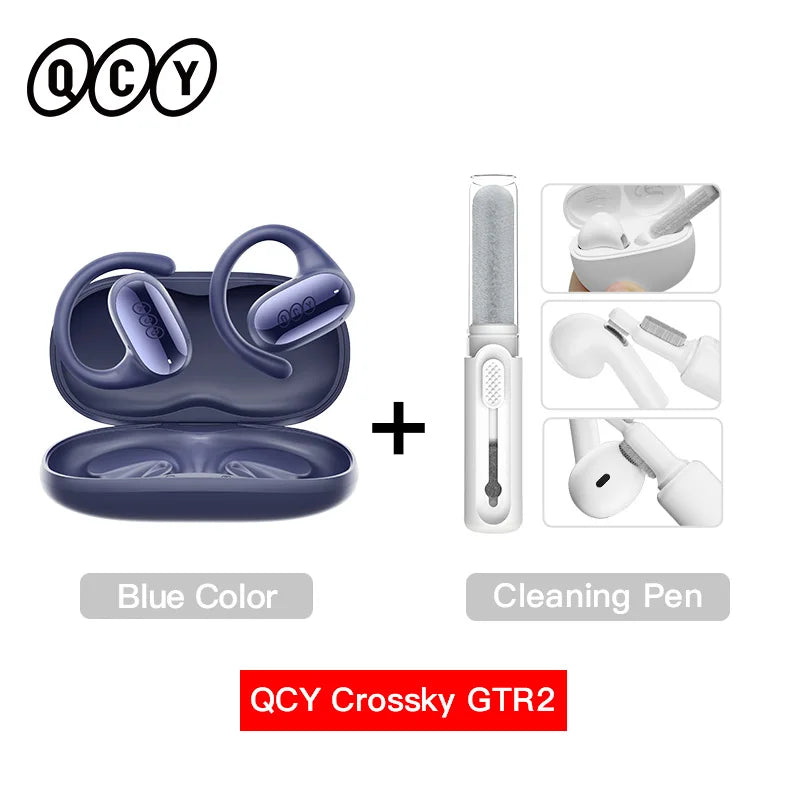 Pair of blue wireless earbuds with a charging case and cleaning pen accessory.