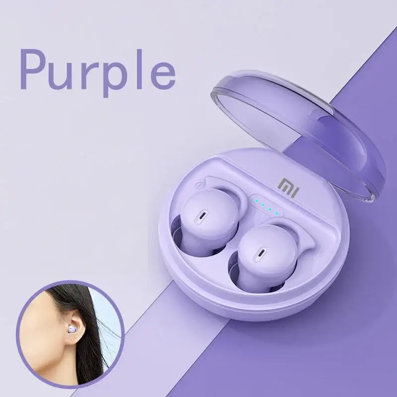 A pair of bluetooth earphones with a purple background
