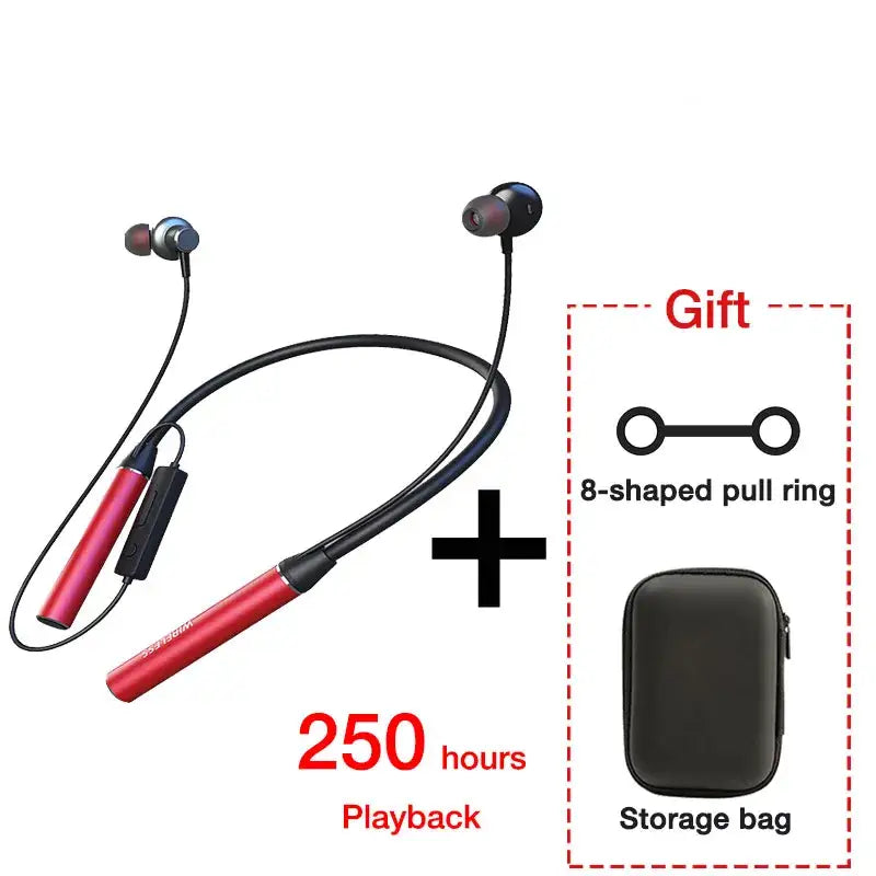 A pair of bluetooth wireless earphones with a red case
