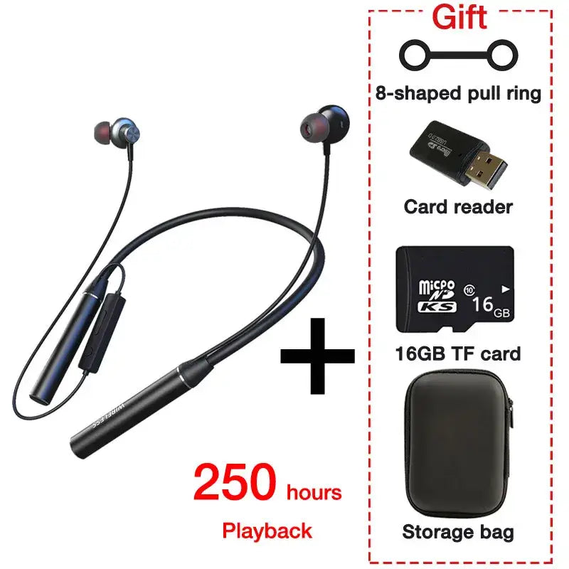 A pair of bluetooth bluetooth wireless earphones with a card reader and a usb cable
