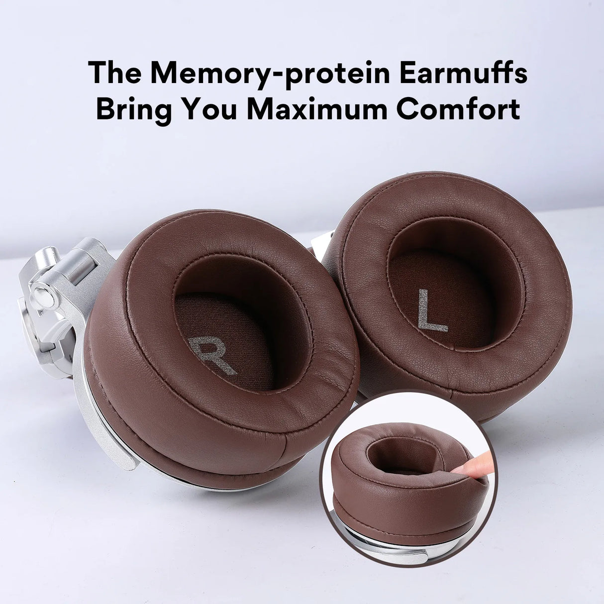Pair of brown memory-foam earmuffs with ’R’ and ’L’ markings inside the ear cups.