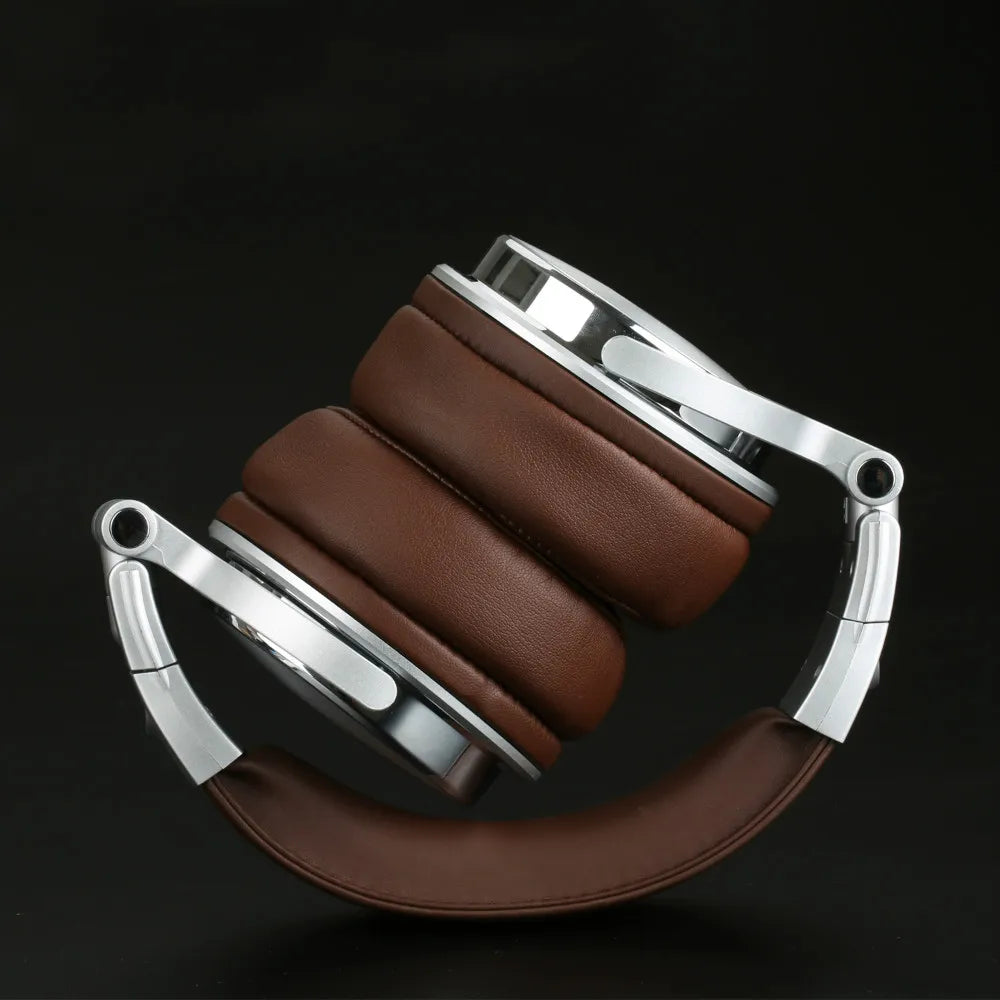 Pair of brown and silver over-ear headphones with a folded design.