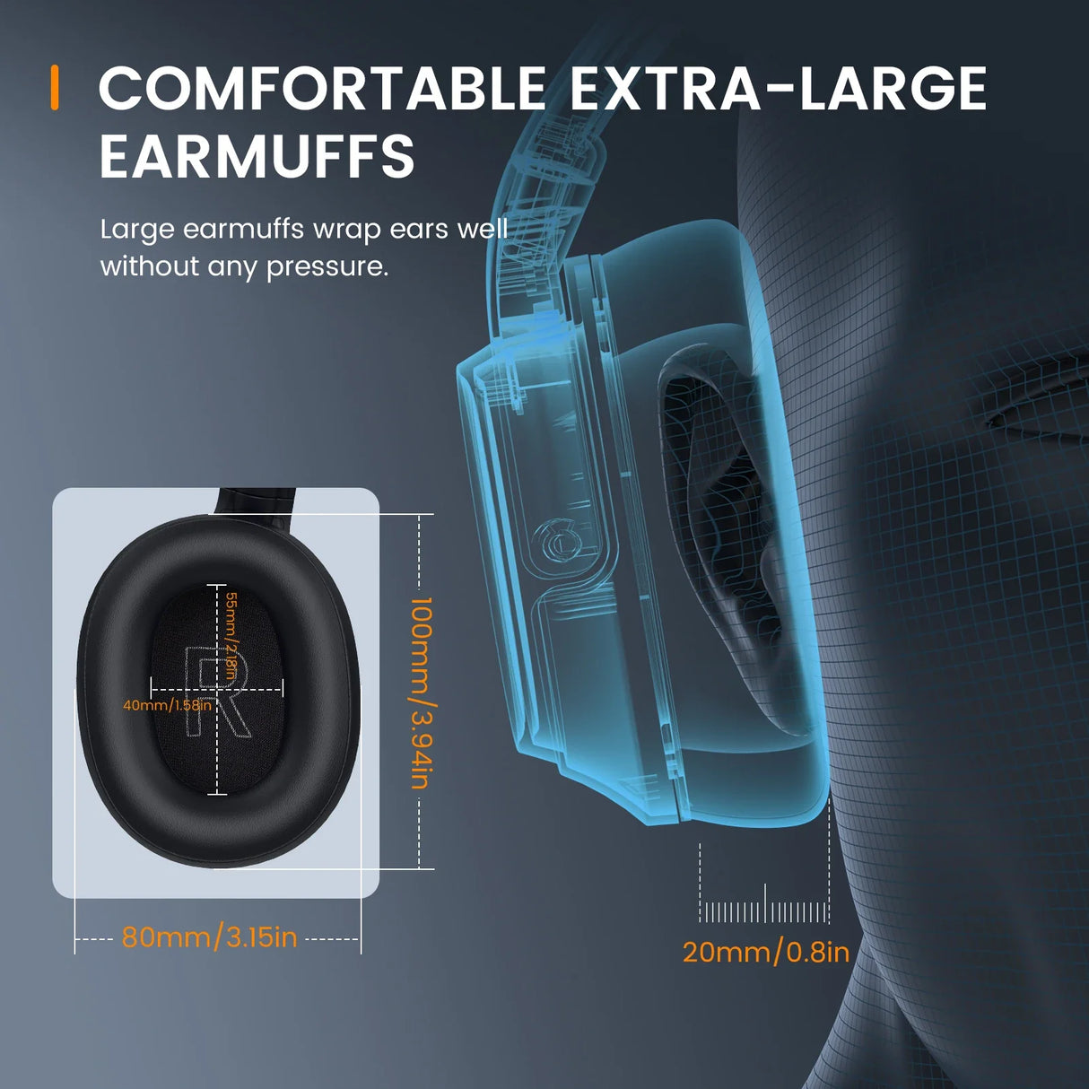 Pair of extra-large, comfortable earmuffs with detailed dimensions shown.