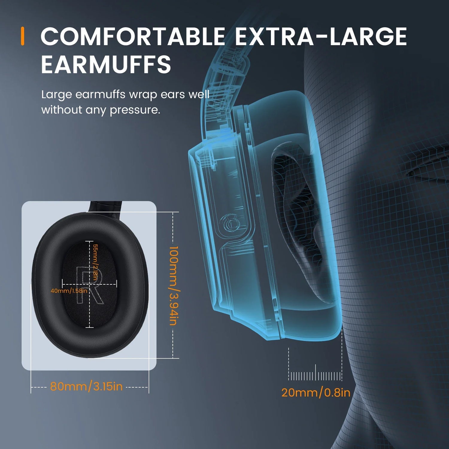 Pair of extra-large, comfortable earmuffs with detailed dimensions shown.