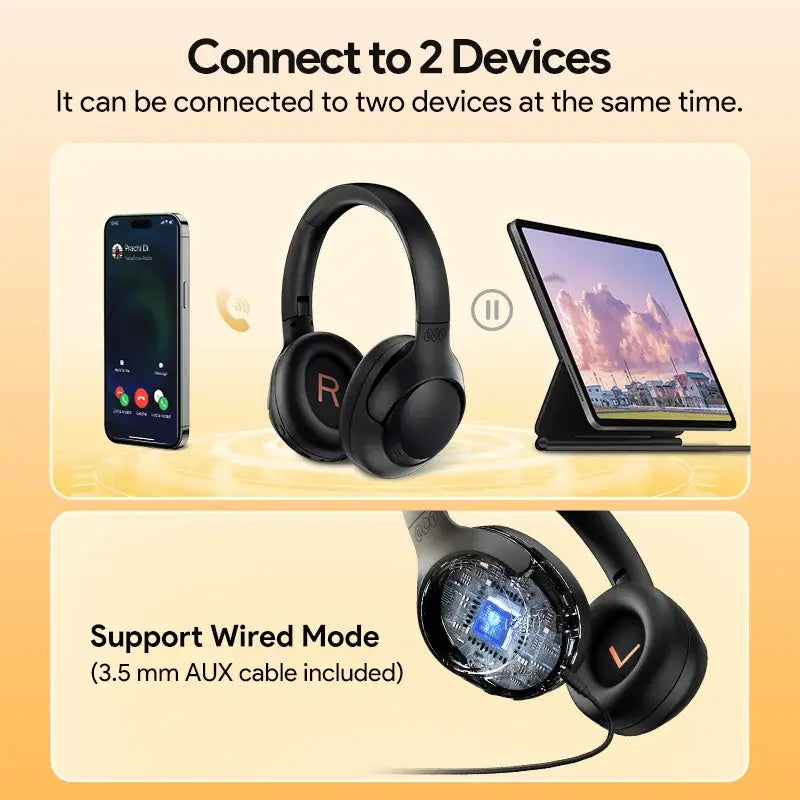 A pair of headphones with a tablet and a smartphone