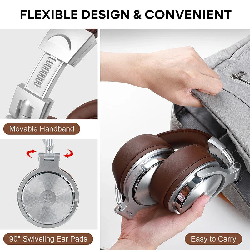 Pair of over-ear headphones with brown leather ear pads and adjustable metal headband.