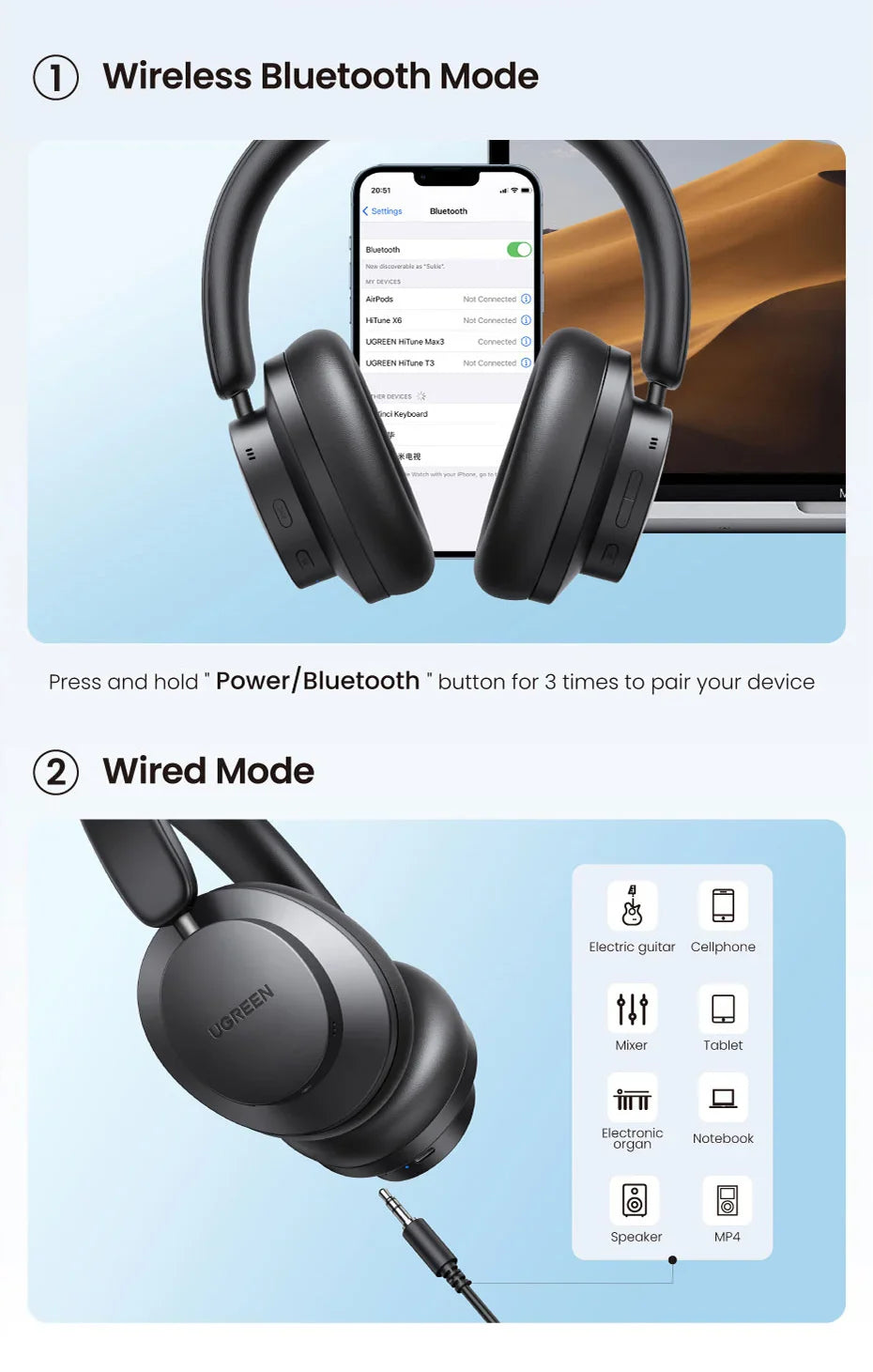Pair of over-ear headphones shown in wireless and wired modes.