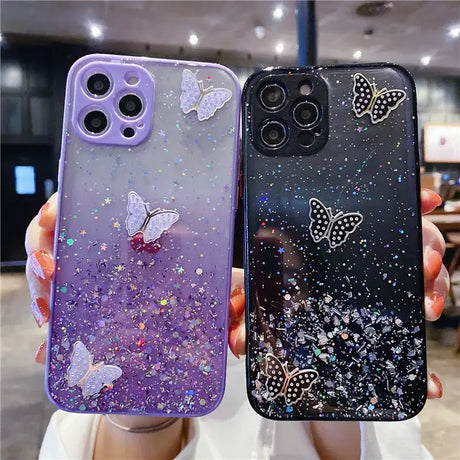 a pair of purple glitter phone cases