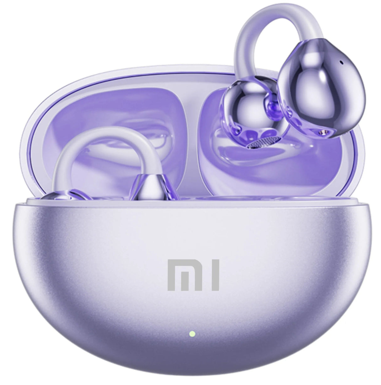 Pair of purple wireless earbuds in a matching charging case.