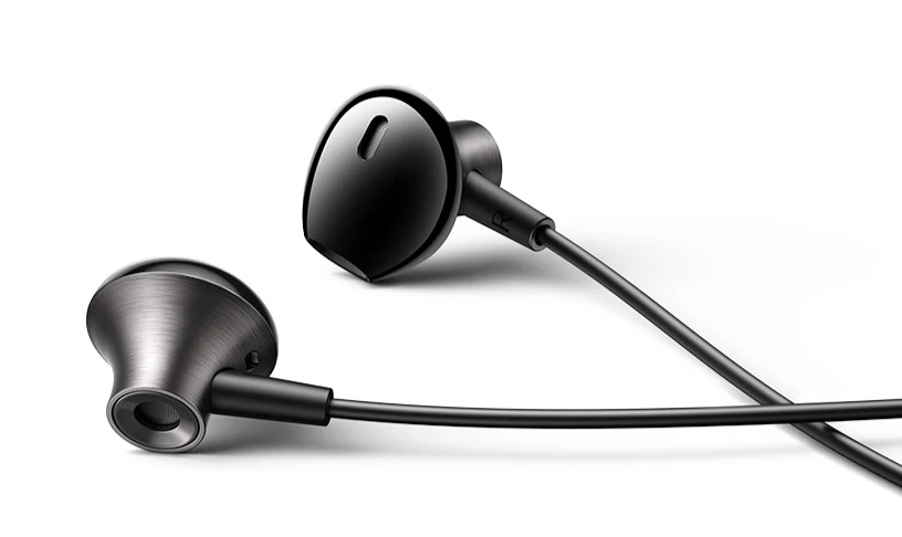 Pair of sleek black in-ear headphones or earbuds with a connecting wire.