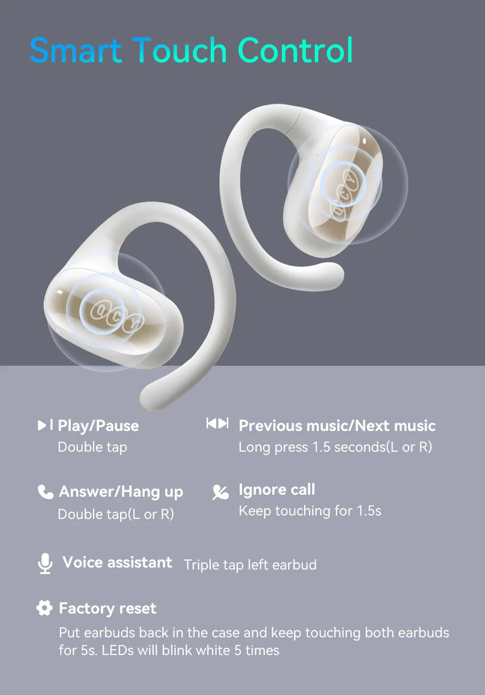 Pair of white wireless earbuds with touch control features.