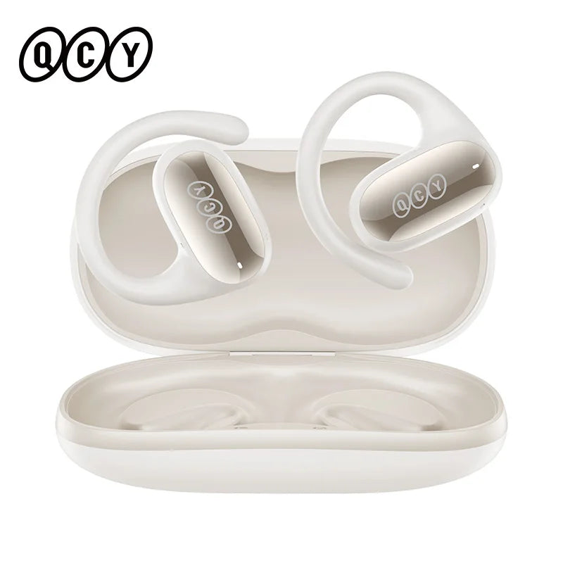 Pair of white wireless earbuds in an open charging case.