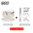 Pair of white wireless earbuds with a charging case and cleaning pen accessory.