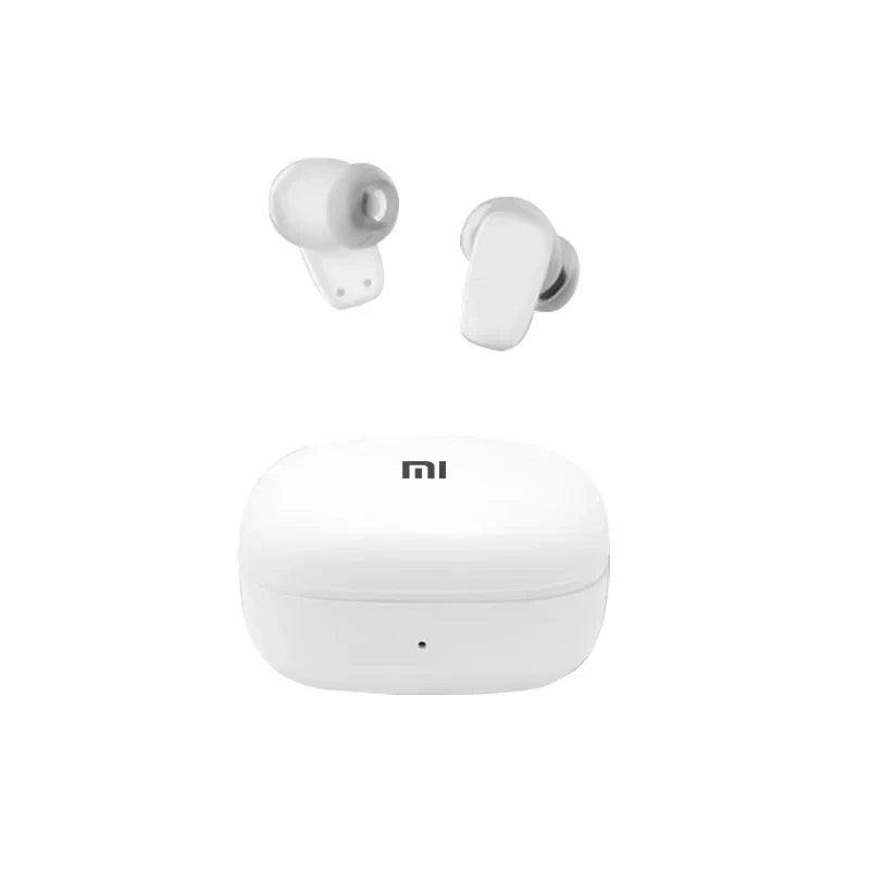 Pair of white wireless earbuds with their charging case.
