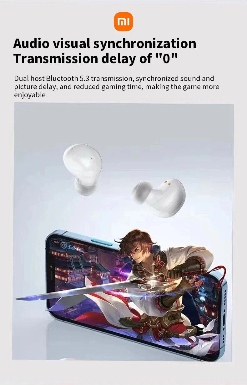 Pair of white wireless earbuds with a smartphone displaying a gaming scene.