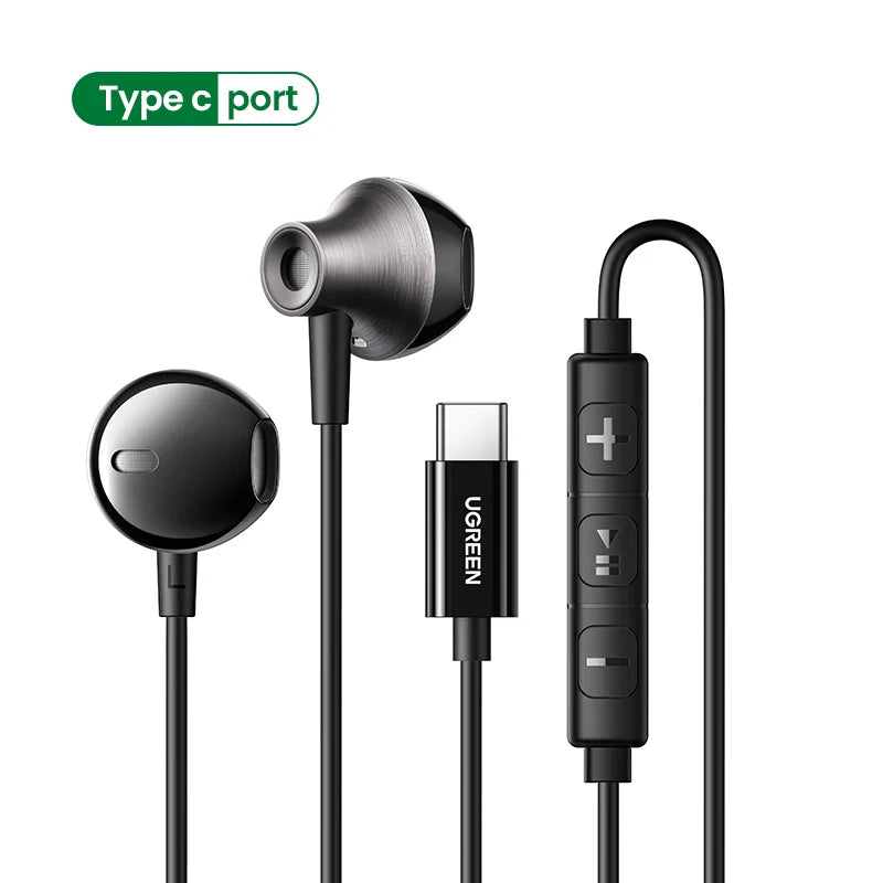 Pair of wired earphones with a Type-C connector and inline controls.