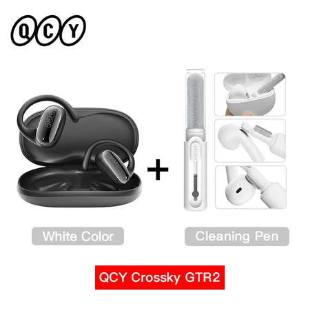Pair of wireless earbuds with a charging case and cleaning pen accessory.