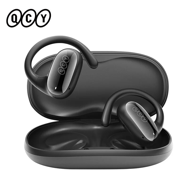 Pair of wireless earbuds with ear hooks in a charging case.