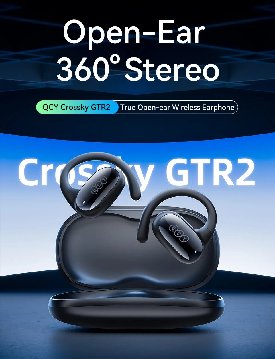 Pair of wireless earbuds with ear hooks in a charging case.