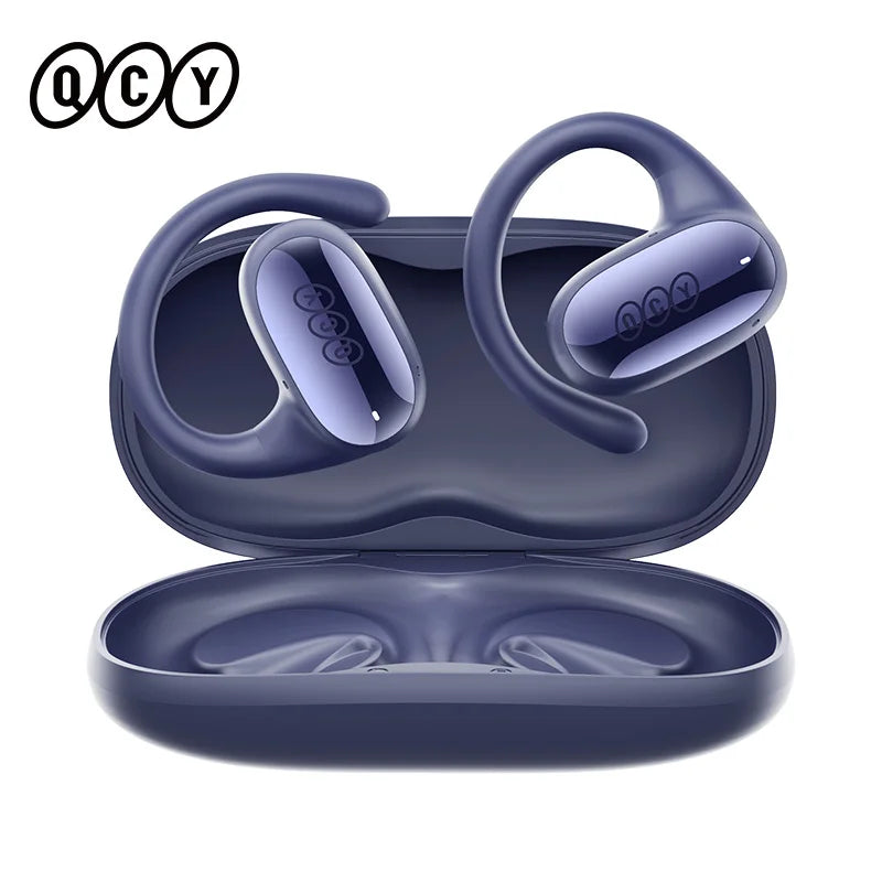 Pair of wireless earbuds with ear hooks in a charging case.