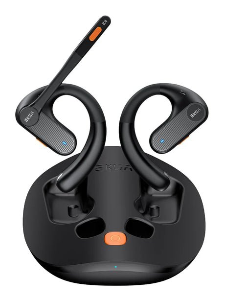 Pair of wireless sport earbuds with ear hooks and a charging case.