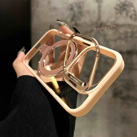 Peach-colored phone case with a rose gold ring stand.