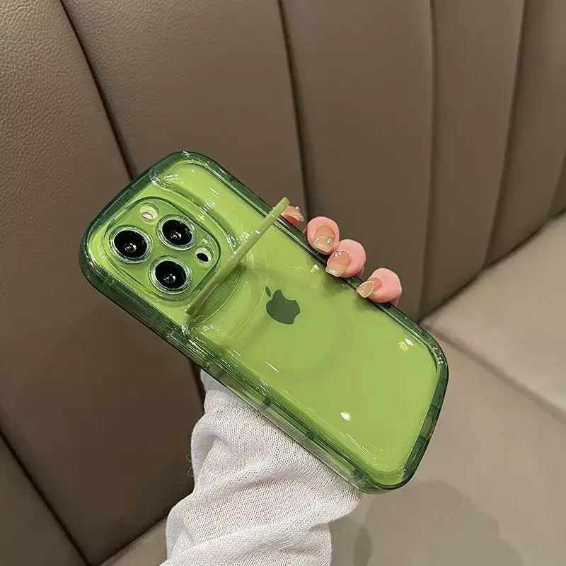 A person holding a green phone case
