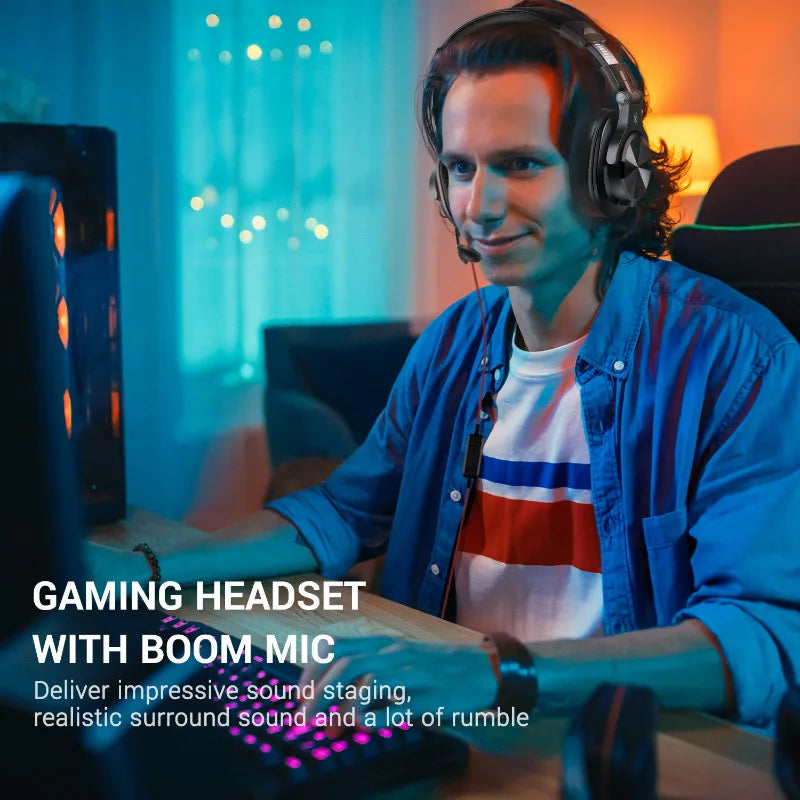 Person wearing a gaming headset with a boom microphone in a colorful, dimly lit room.