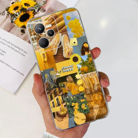 a person holding a phone with a yellow flower