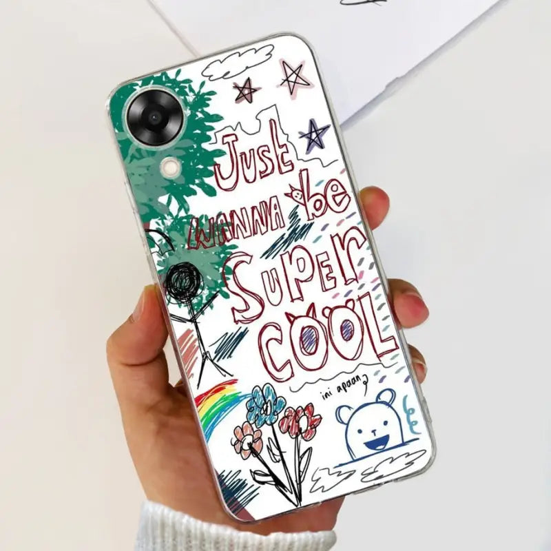 a person holding a phone case with a drawing on it