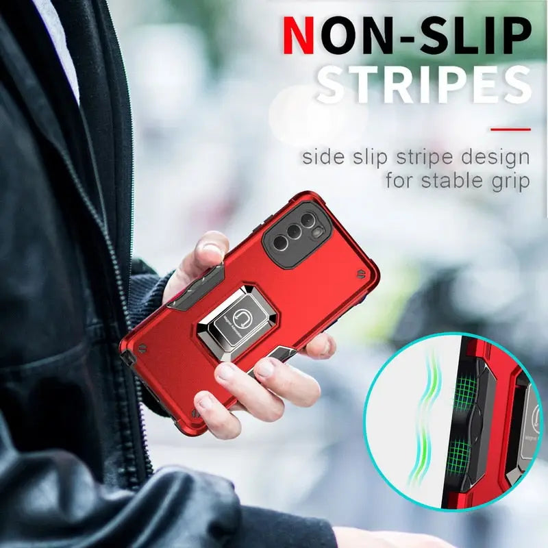 a person holding a red phone case