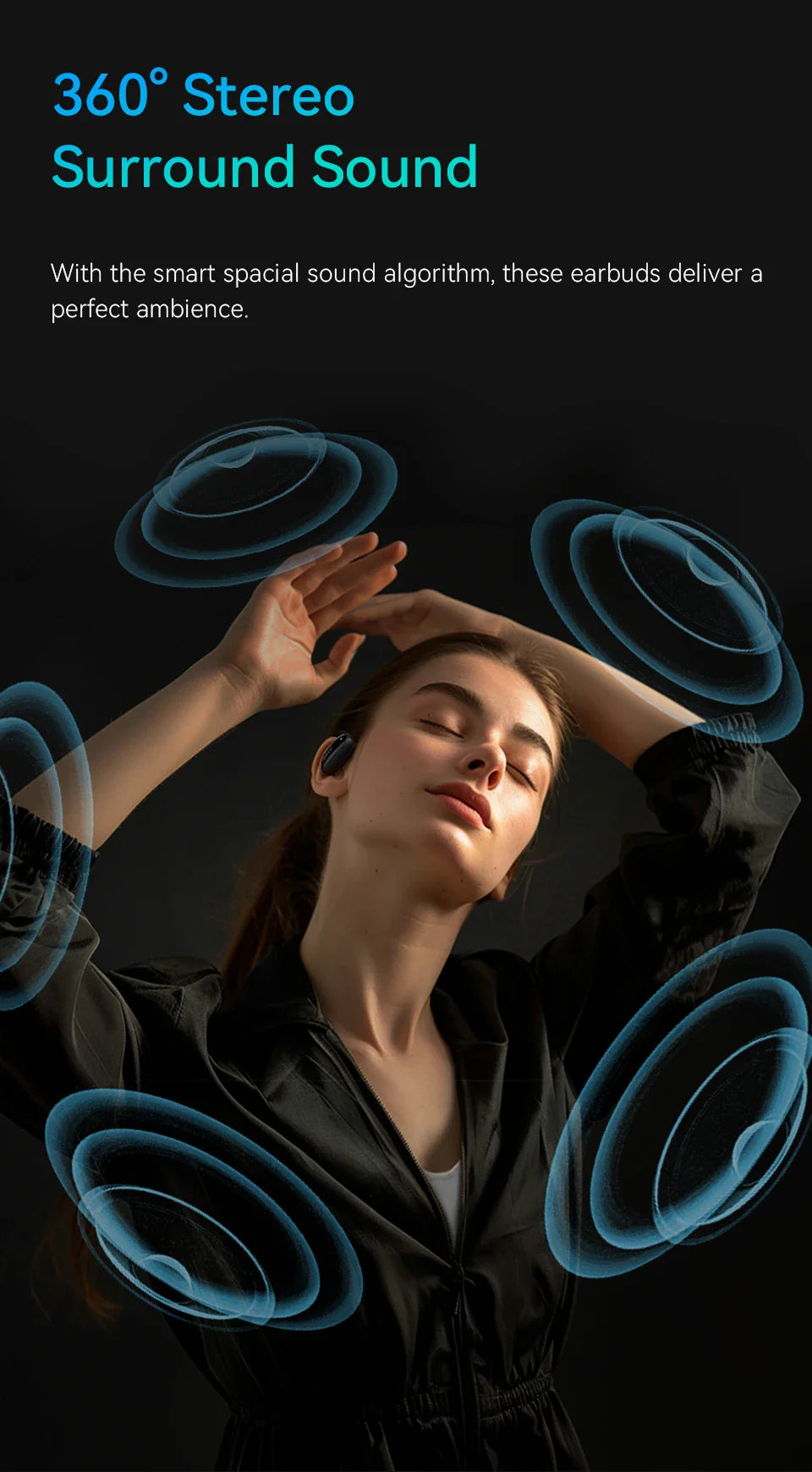 Person experiencing immersive audio represented by glowing blue circular sound waves surrounding their head.