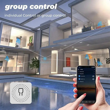 a person holding a smart device near a pool
