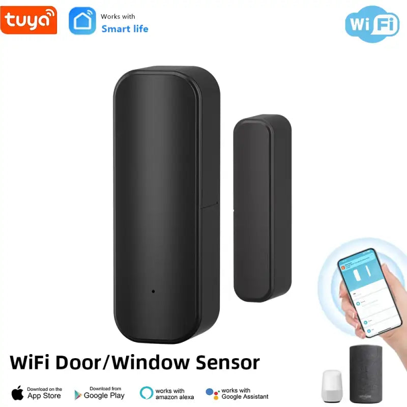 A person holding a smart phone and a smart door window sensor