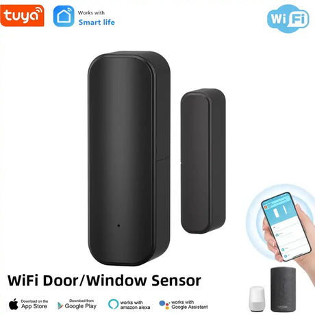 a person holding a smart phone and a smart door window sensor