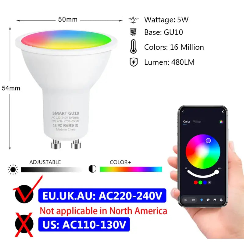 A person holding a smart phone and a smart light bulb