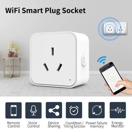 a person holding a smart phone and a smart plug socket