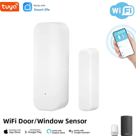 a person holding a smart phone and a smart wifi door / window sensor