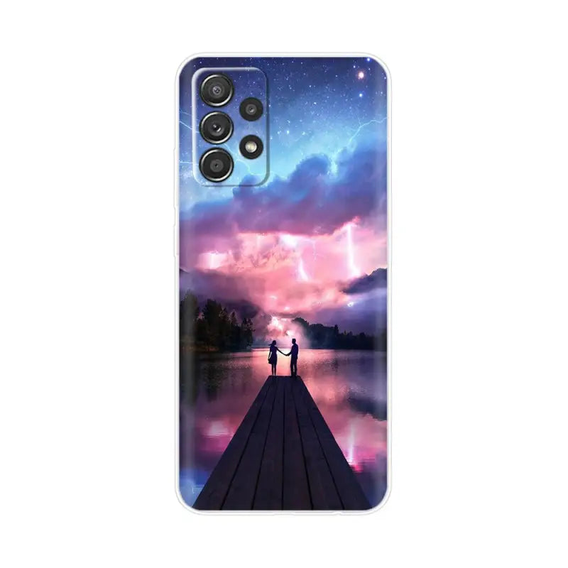 a person standing on a dock at night with a purple sky and stars in the background