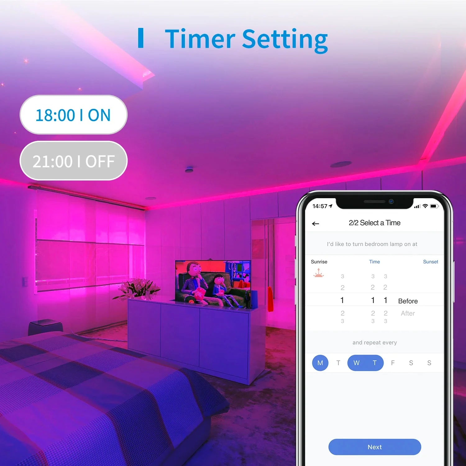 a phone with the app on it showing a room with a bed and a tv