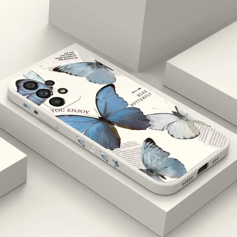A phone case with a blue butterfly on it