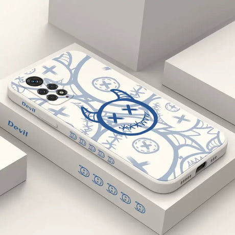 a phone case with a blue and white design