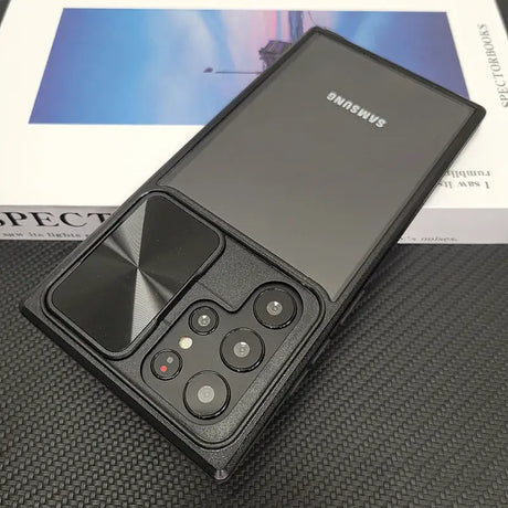 The back of the phone case is open and showing the camera lens