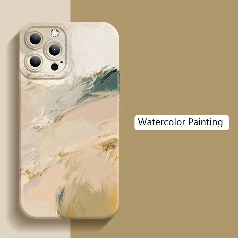 A phone case with a painting of a white and beige abstract painting