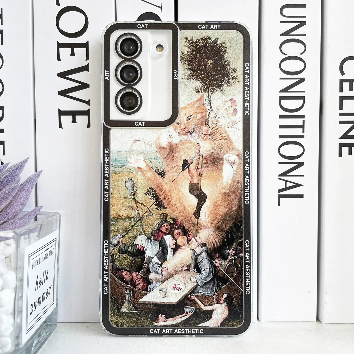 There is a phone case with a picture of a cat and a dog