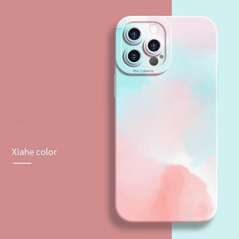 A phone case with a pink and blue background