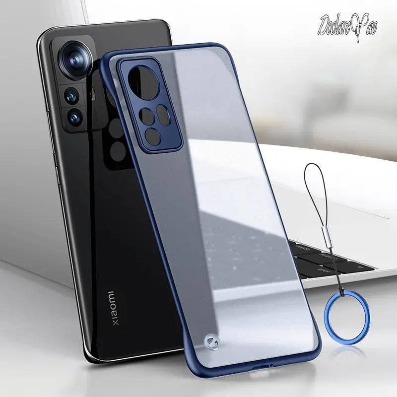 the back of a phone with a blue ring