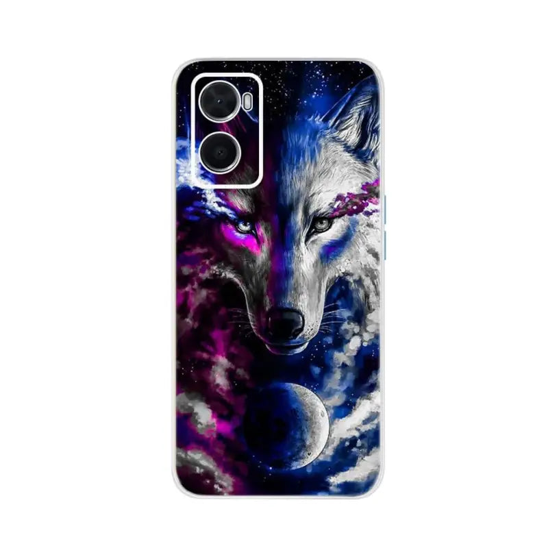 a phone case with a wolf and a galaxy background